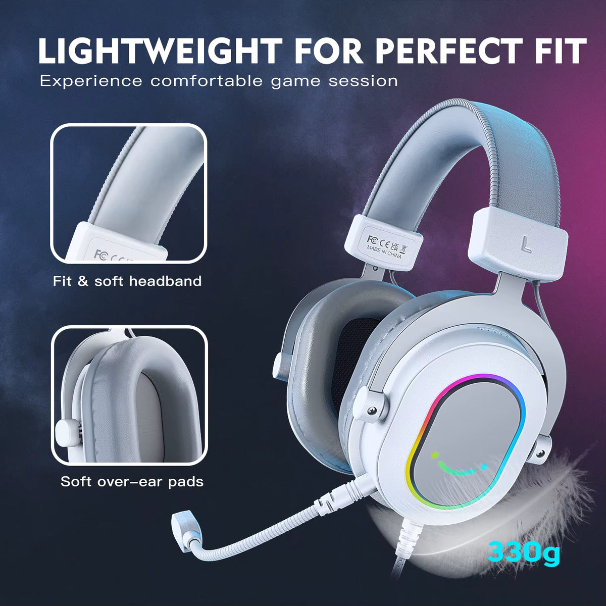 Promotional graphic highlighting lightweight ergonomic design, soft memory foam, and 330g weight