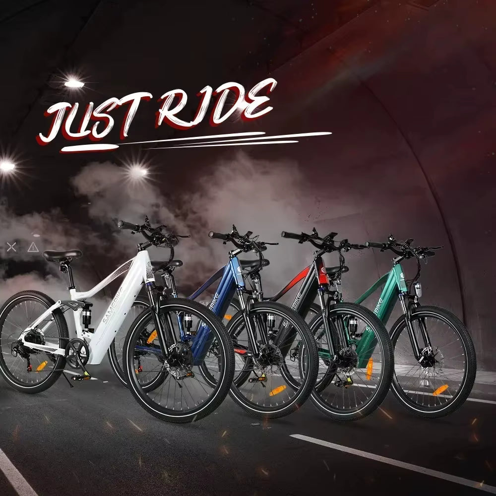 Five Samebike XD26-II electric bicycles of different colors lined up on a road with 'JUST RIDE' text above.