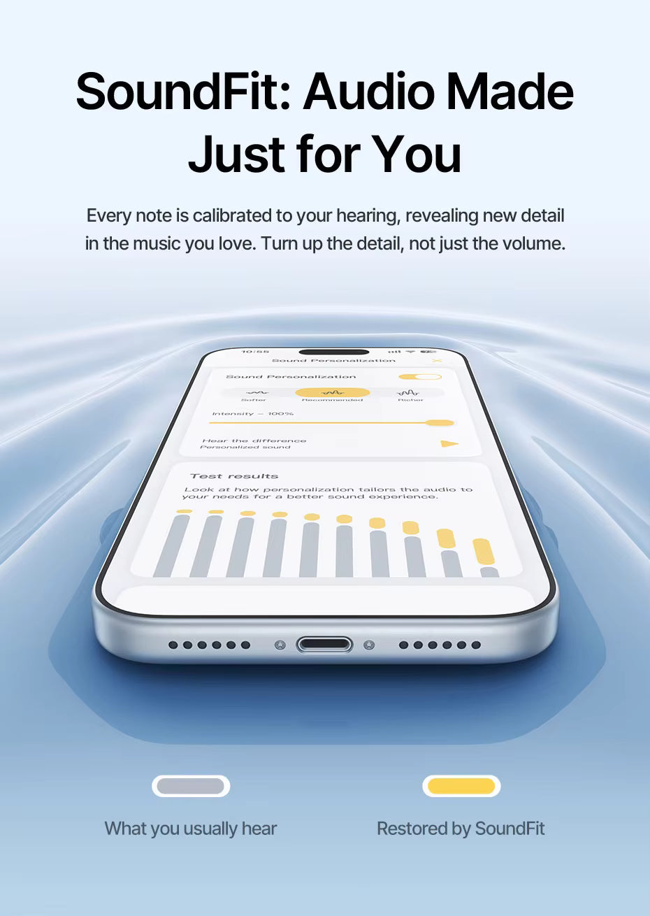 Smartphone displaying SoundFit app interface on a blue gradient background for the Baseus EP10 earbuds