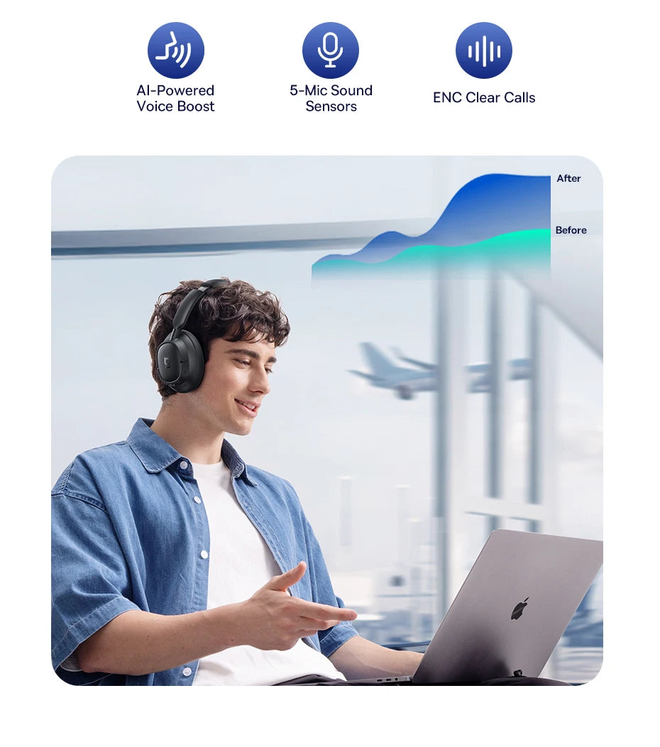 Person using a laptop with AI-Powered Voice Boost, 5-Mic Sound Sensors, and ENC Clear Calls features displayed above.