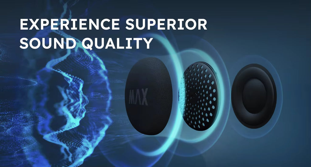 Three black circular speaker drivers arranged horizontally with glowing blue soundwave graphics and the text 'EXPERIENCE SUPERIOR SOUND QUALITY' on a dark blue background.