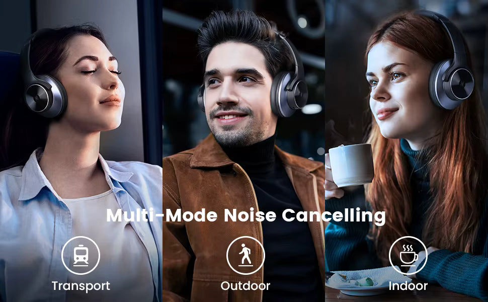Three people wearing OneOdio A10 Hybrid ANC Over-Ear Bluetooth headphones with text 'Multi-Mode Noise Cancelling' and icons below.