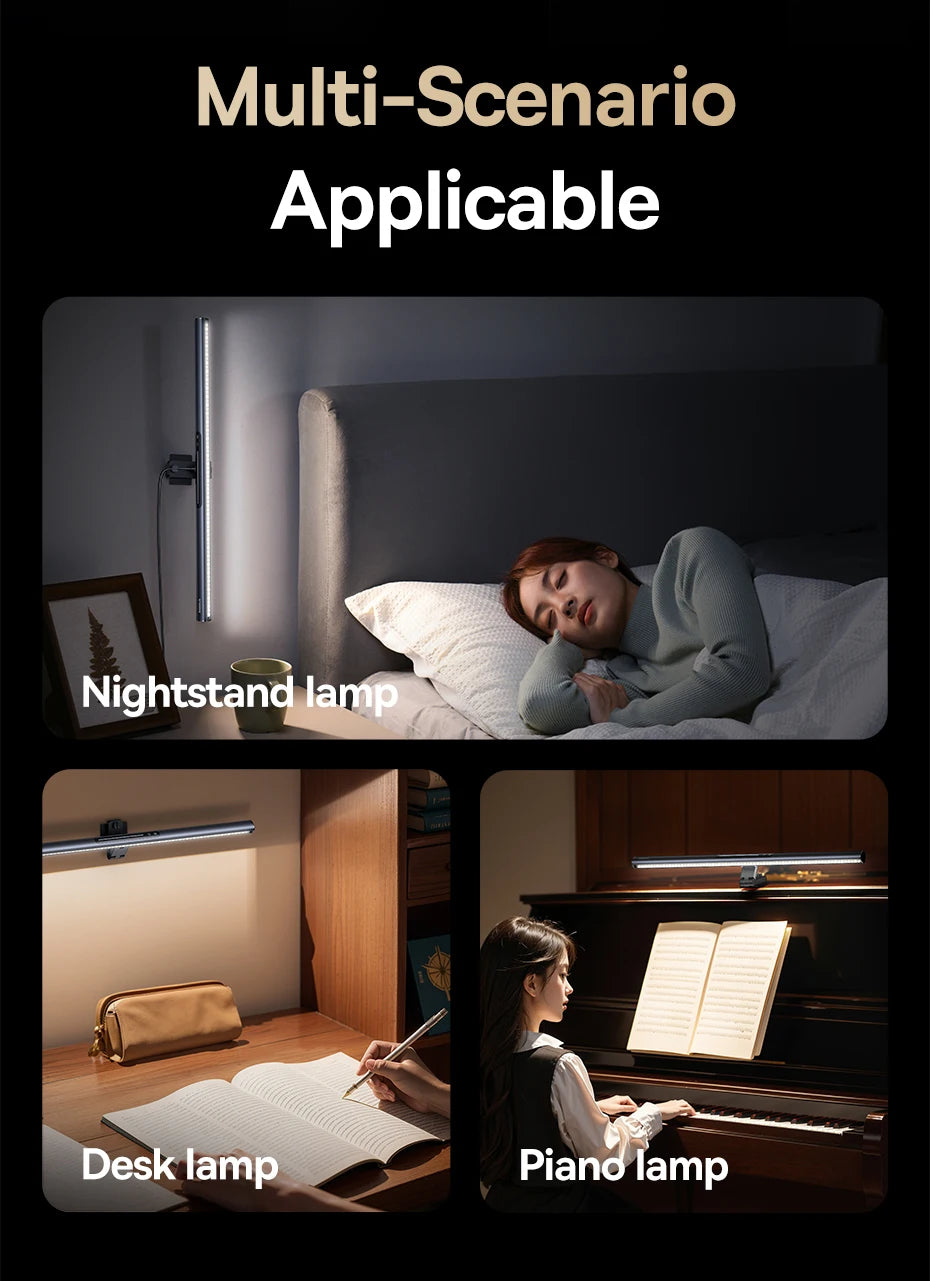 Multifunctional lamp used as a nightstand, desk, and piano lamp with text 'Multi-Scenario Applicable'.