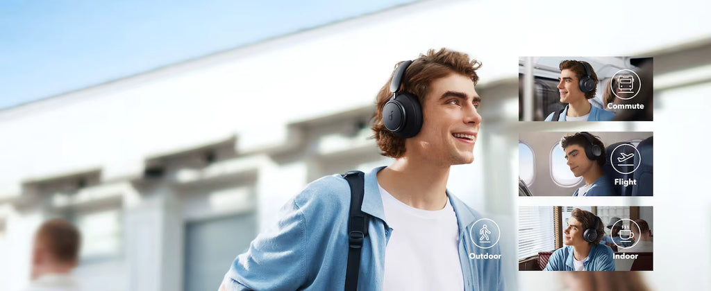 A young man wearing black over-ear headphones walks outdoors near a modern building, with three small inset panels on the right showing the headphones in use during commute, flight, and indoor settings.