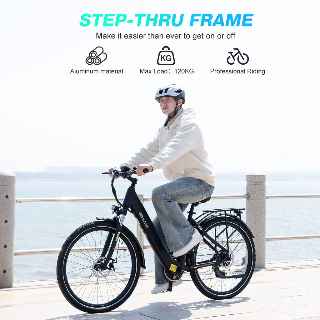 Rider demonstrating the accessible step-thru frame geometry on the RCB G6 e-bike