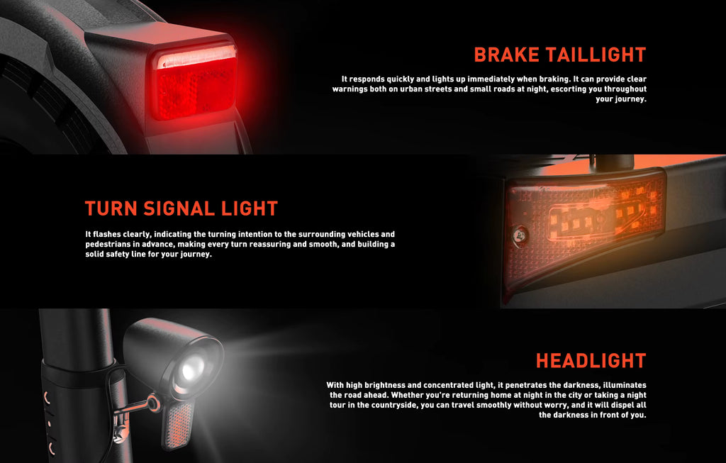 Illustration of e-scooter lights with labels for brake taillight, turn signal light, and headlight on a dark background.