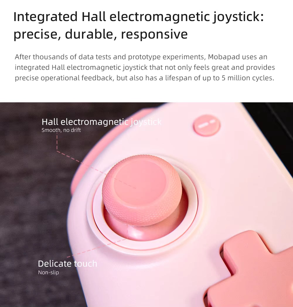 Macro shot of the Pink Mobapad M6 HD joystick, highlighting the internal K-SLIVER Hall-Effect electromagnetic sensor.