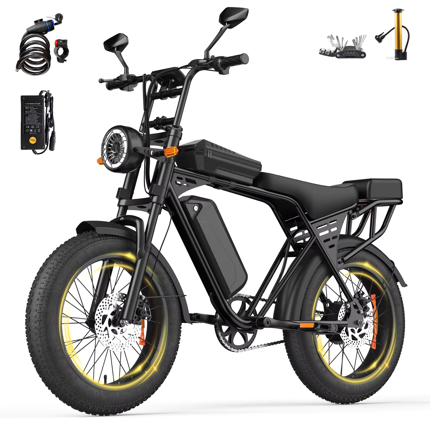 Black electric bike with accessories on a white background