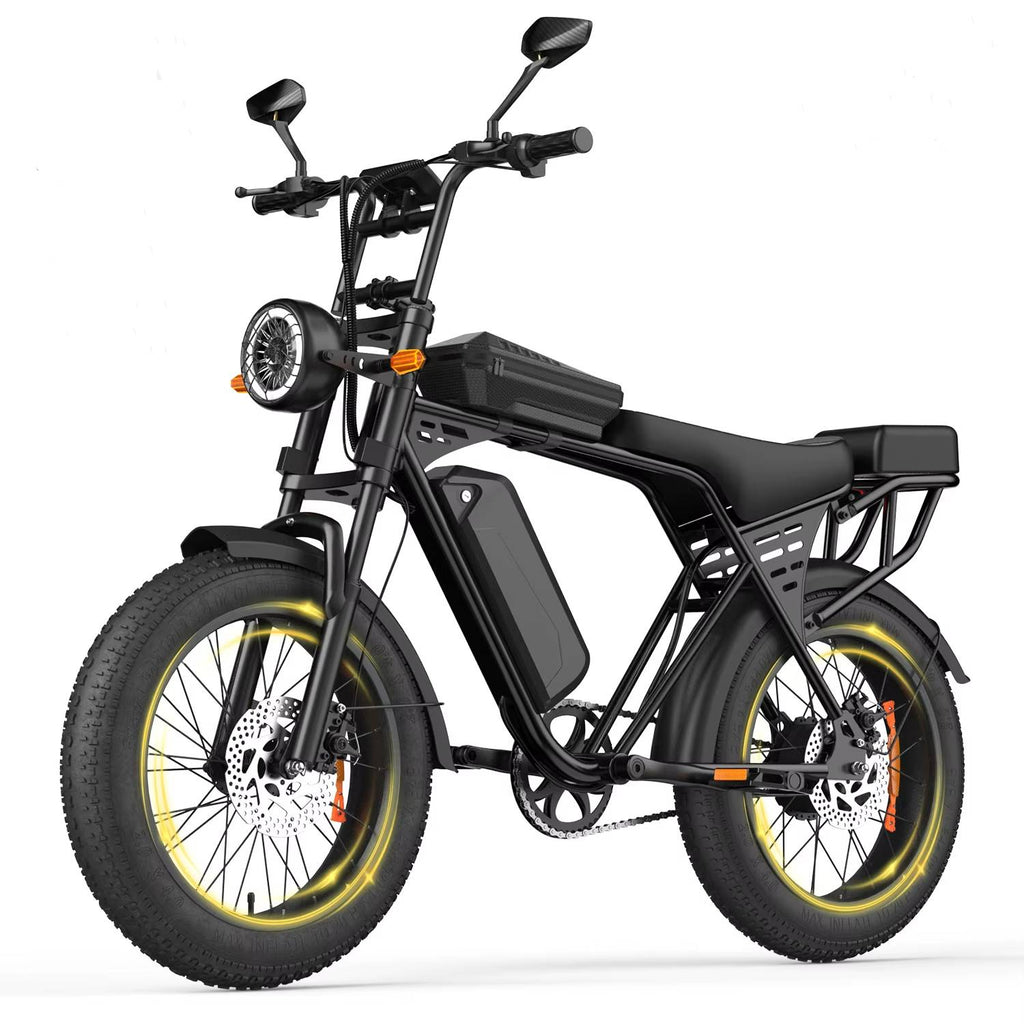 Black electric bike with yellow rims on a white background