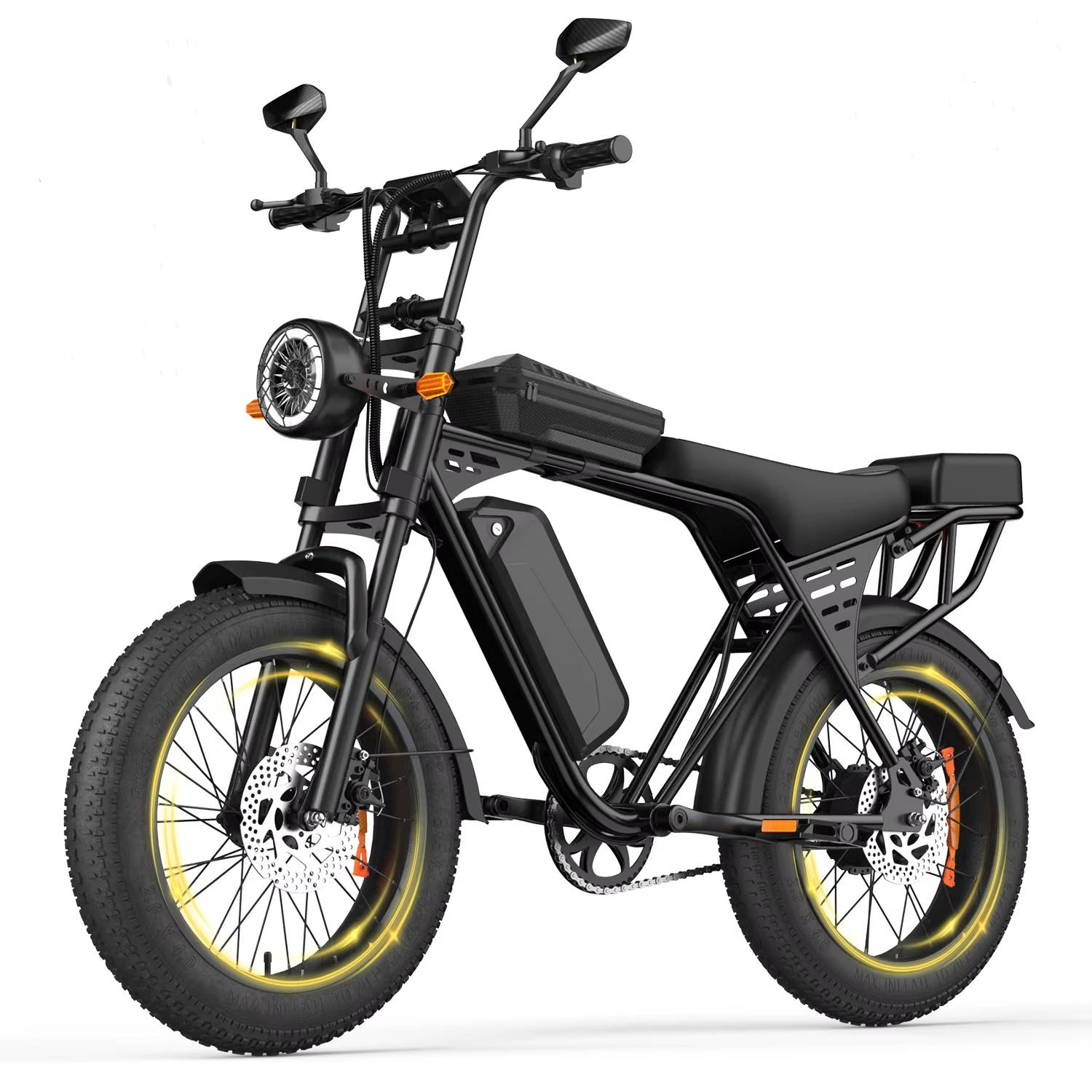 Black electric bike with yellow rims on a white background