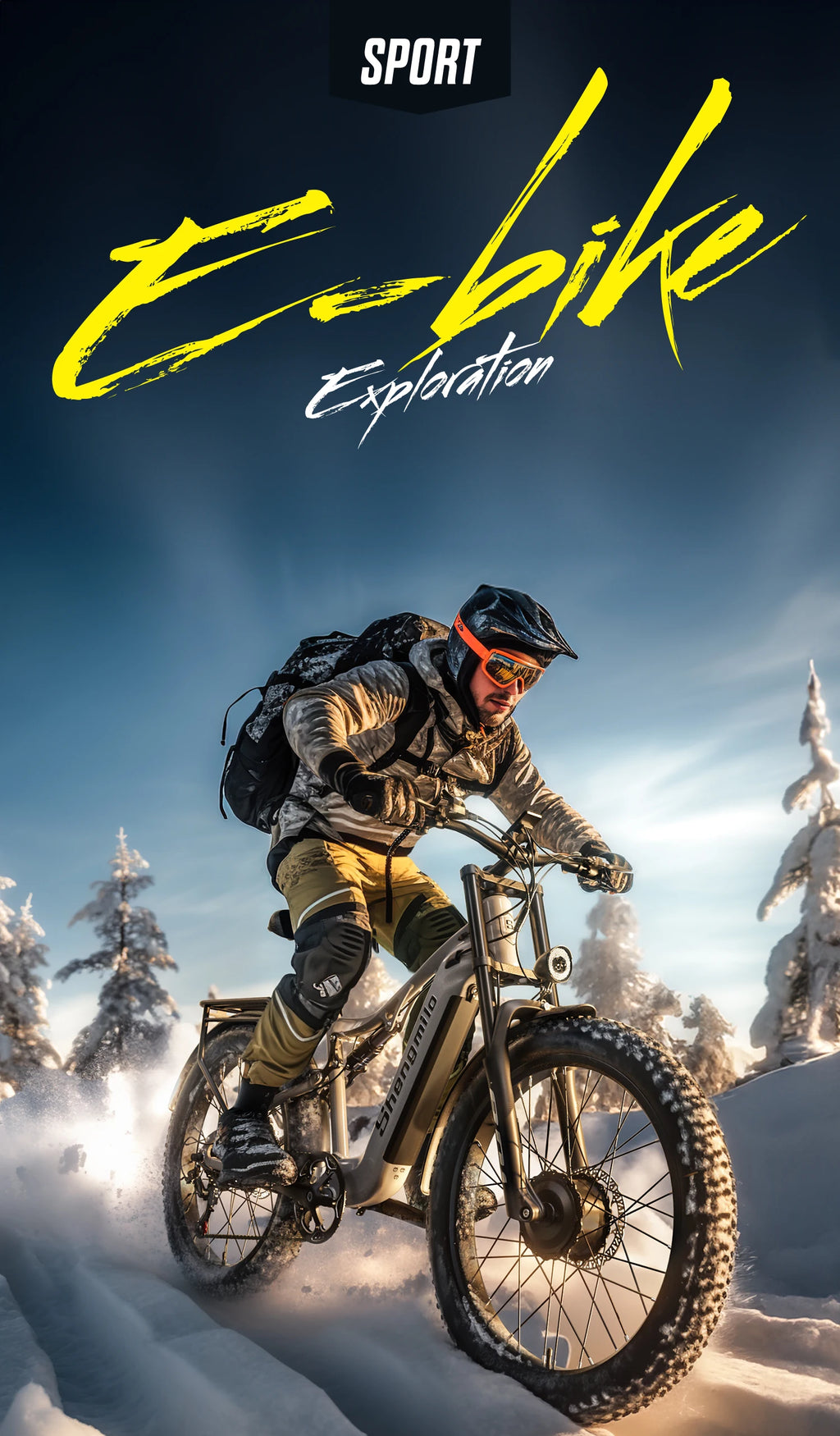 Person riding an electric bike in a snowy landscape with 'E-bike Exploration' text.