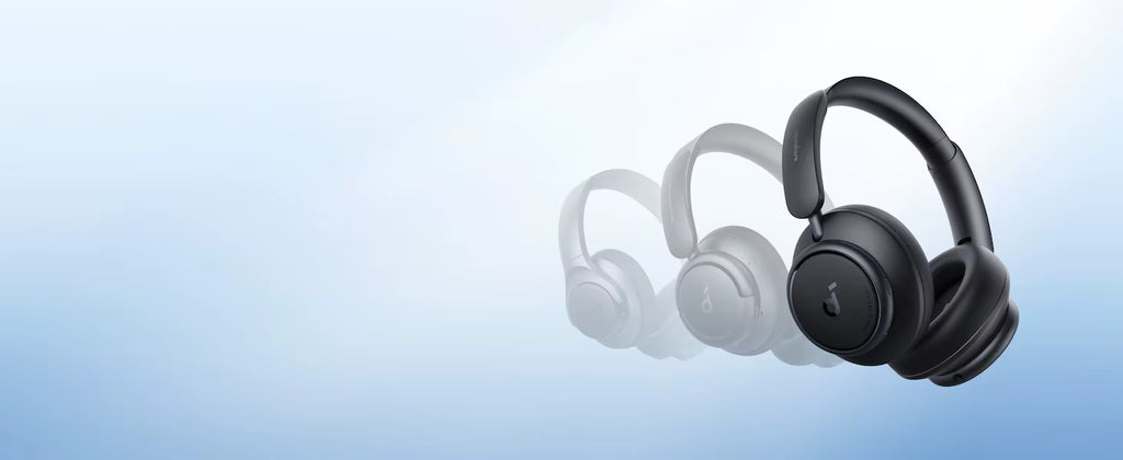 Black over-ear wireless headphones shown prominently on the right, with two faded white versions behind it on a soft light blue gradient background.