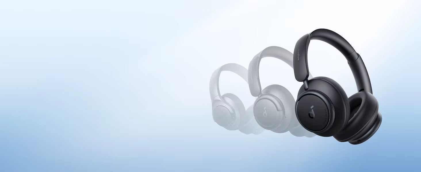 Black over-ear wireless headphones shown prominently on the right, with two faded white versions behind it on a soft light blue gradient background.