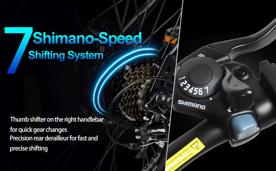 SAMEBIKE EBE2 E-Bike Shimano 7-speed shifting system with gear shifter and derailleur on a black background