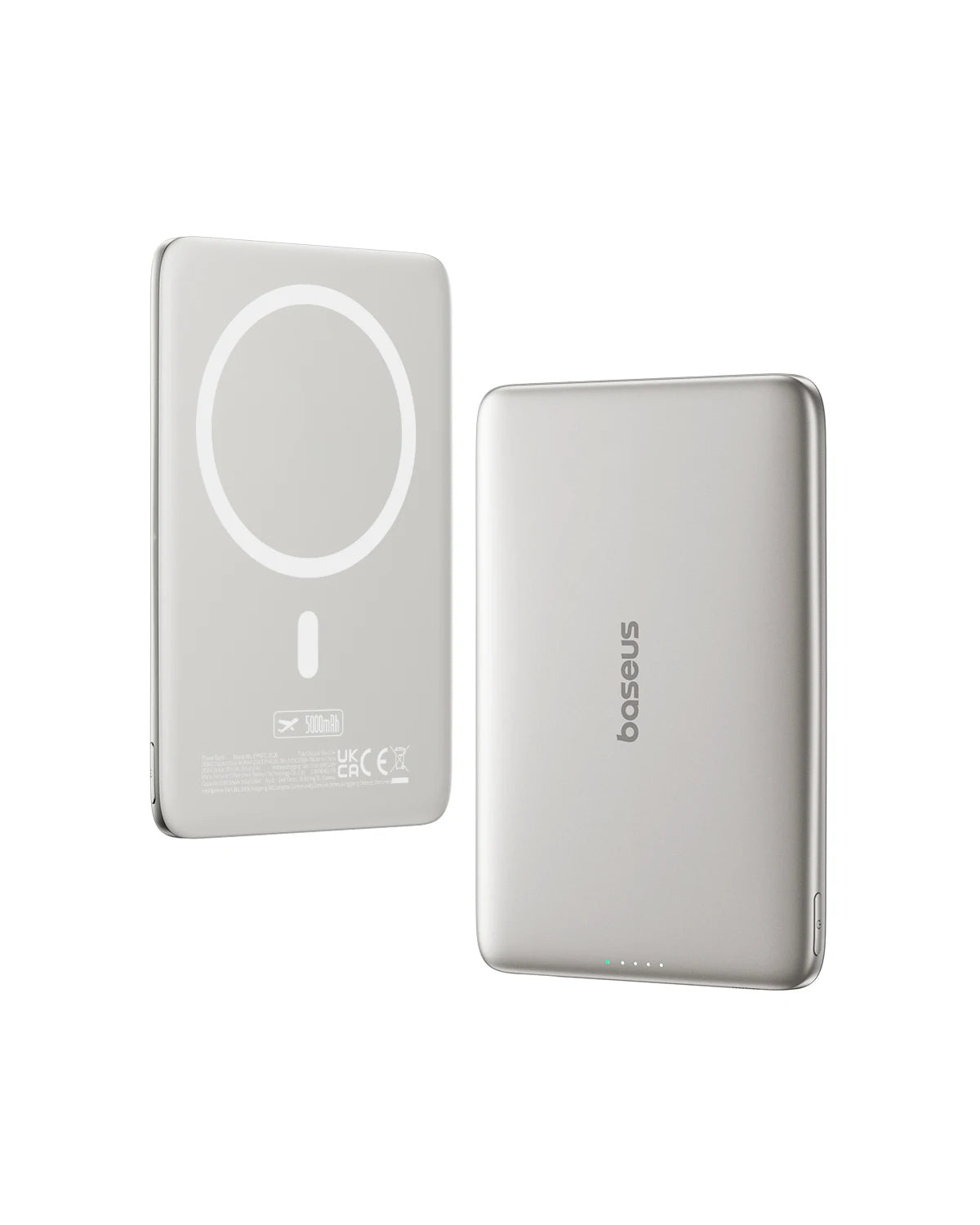 Baseus Thin Magnetic Wireless Power Bank 20W 5000mAh in Titanium showing front magnetic charging ring and smooth rear finish with LED power indicators.