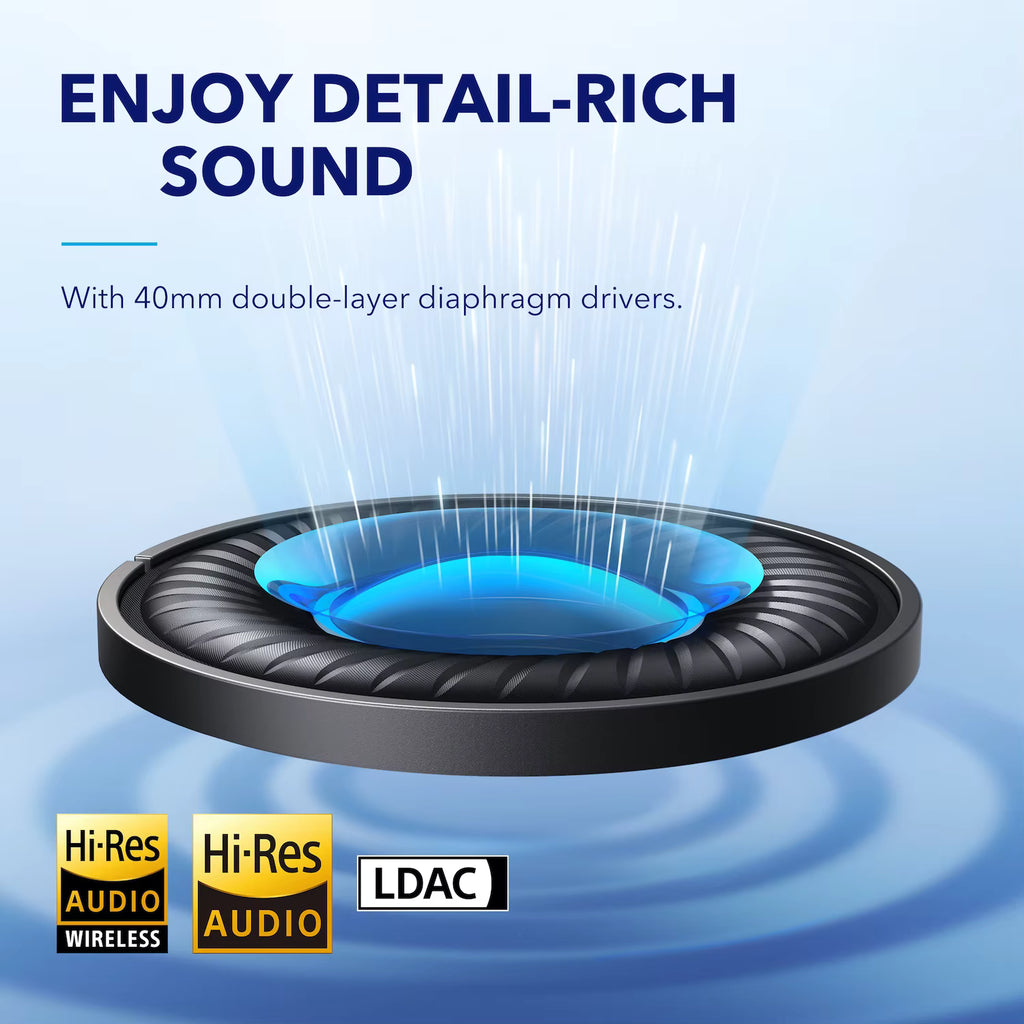 Speaker driver with sound waves and text about detail-rich sound on a blue background