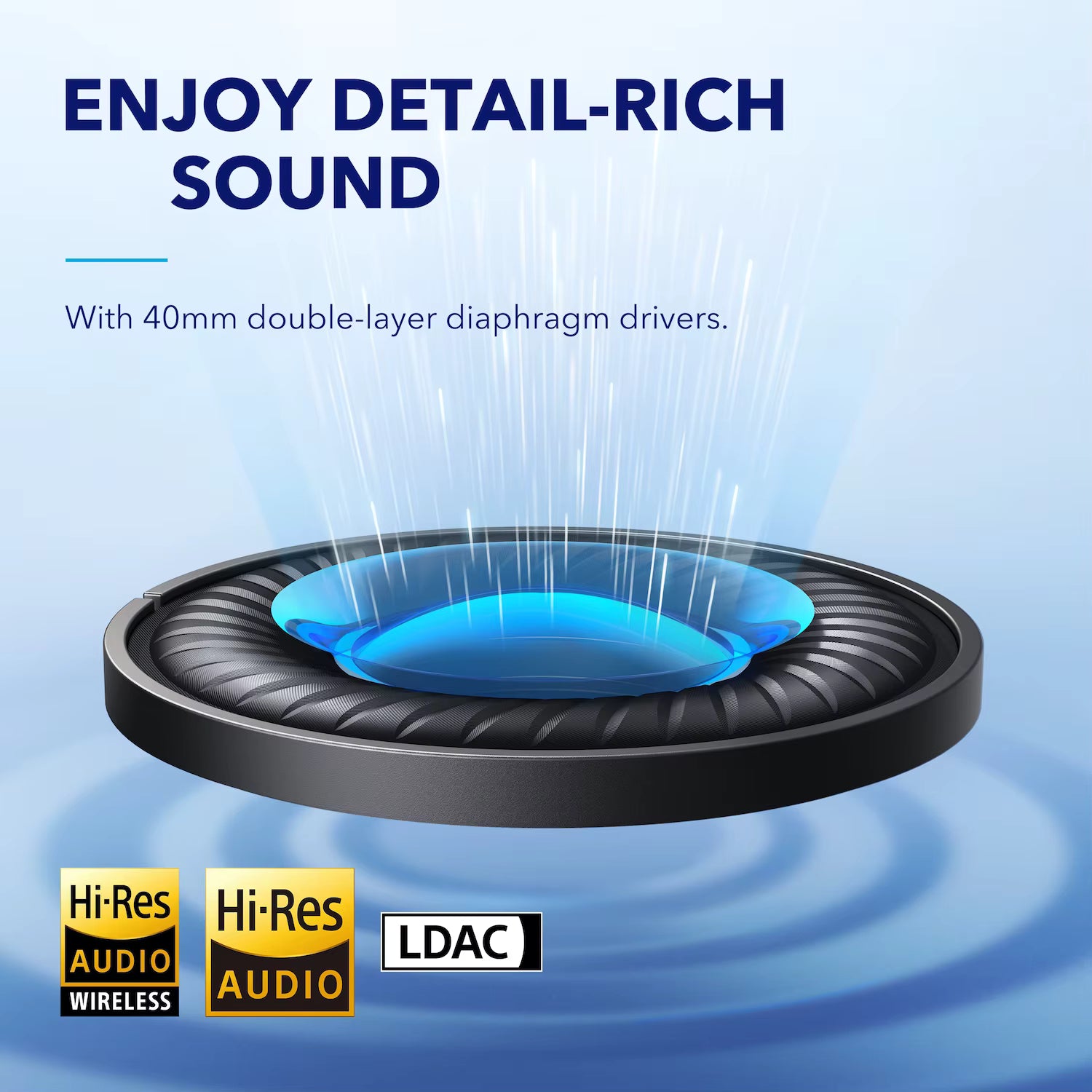 Speaker driver with sound waves and text about detail-rich sound on a blue background