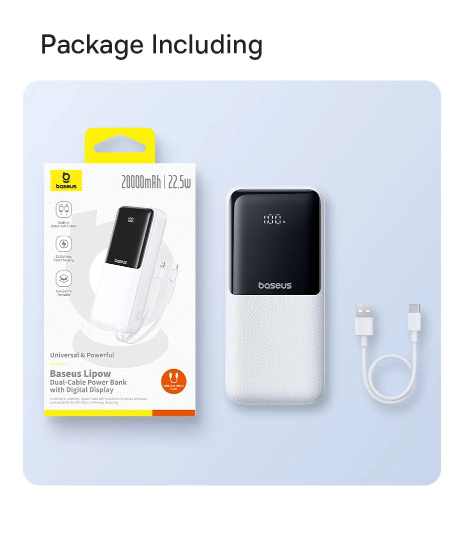 Baseus power bank with packaging and cable on a light blue background