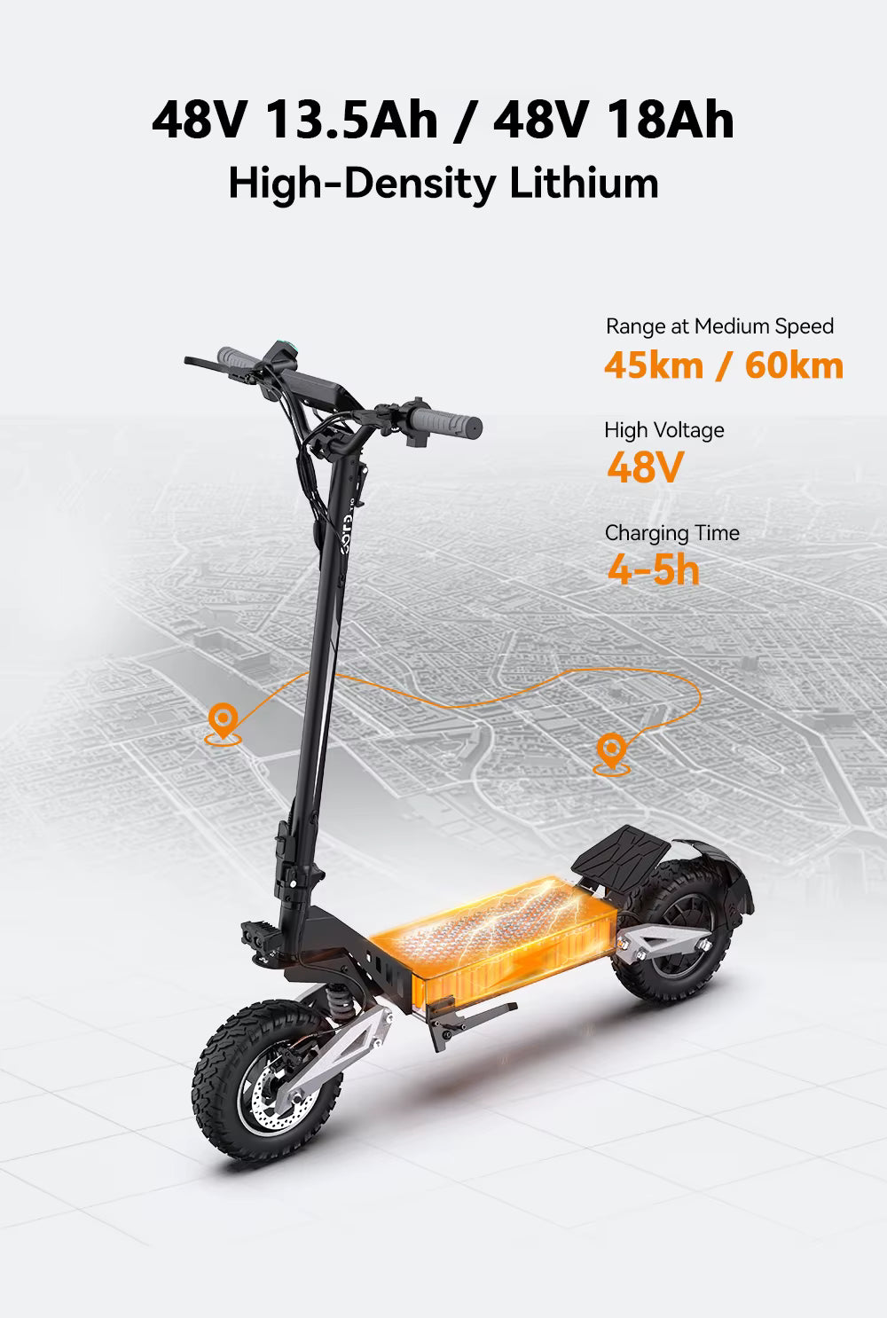 Electric scooter with specifications on a gray background