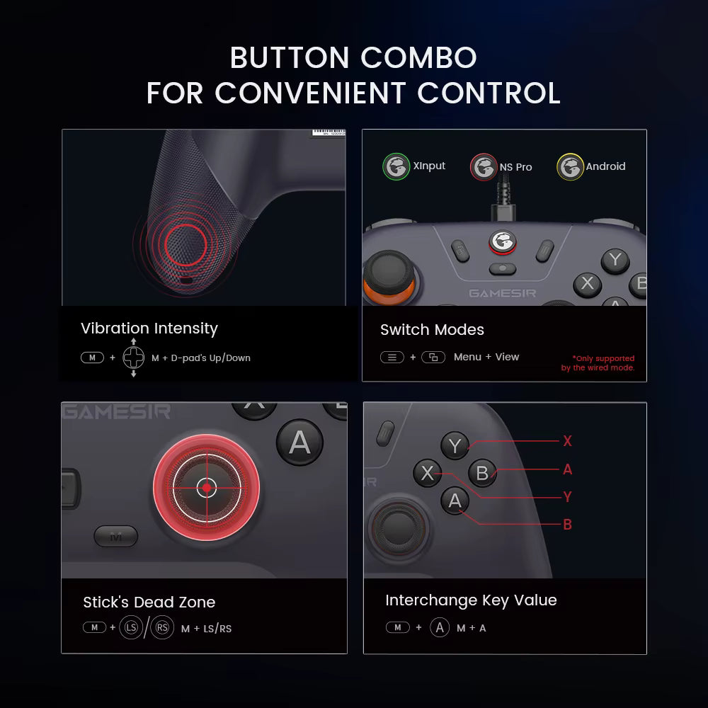 GameSir Nova Lite button combo guide showing vibration intensity, mode switching, dead zone adjustment, and key interchange shortcuts