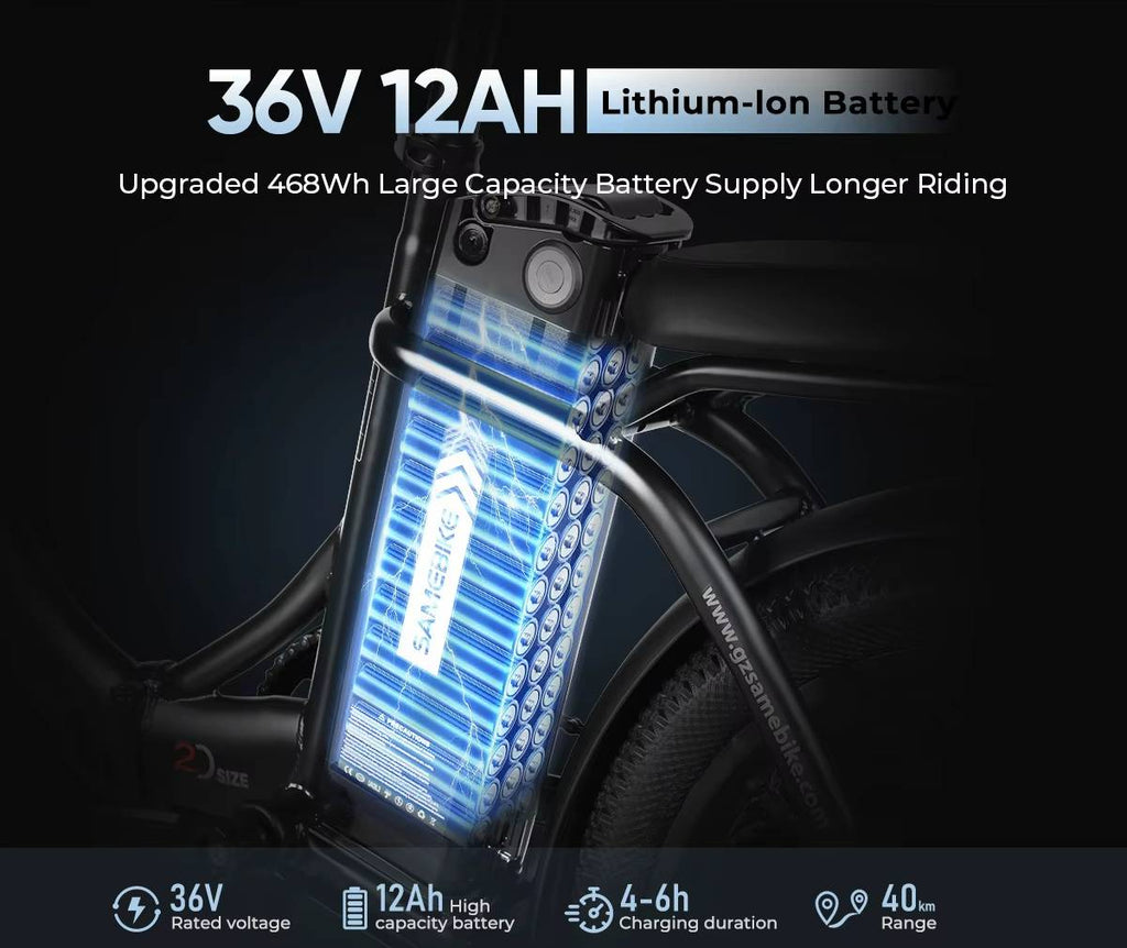 SAMEBIKE CY20 Electric Bicycle battery pack with 36V 12AH lithium-ion battery on a dark background