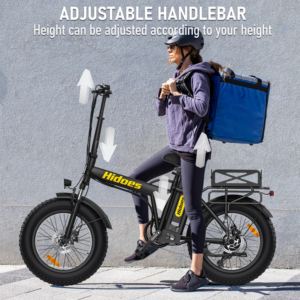 Person with a blue delivery bag on a Hidoes HD-F3PRO electric bike against a gray wall.