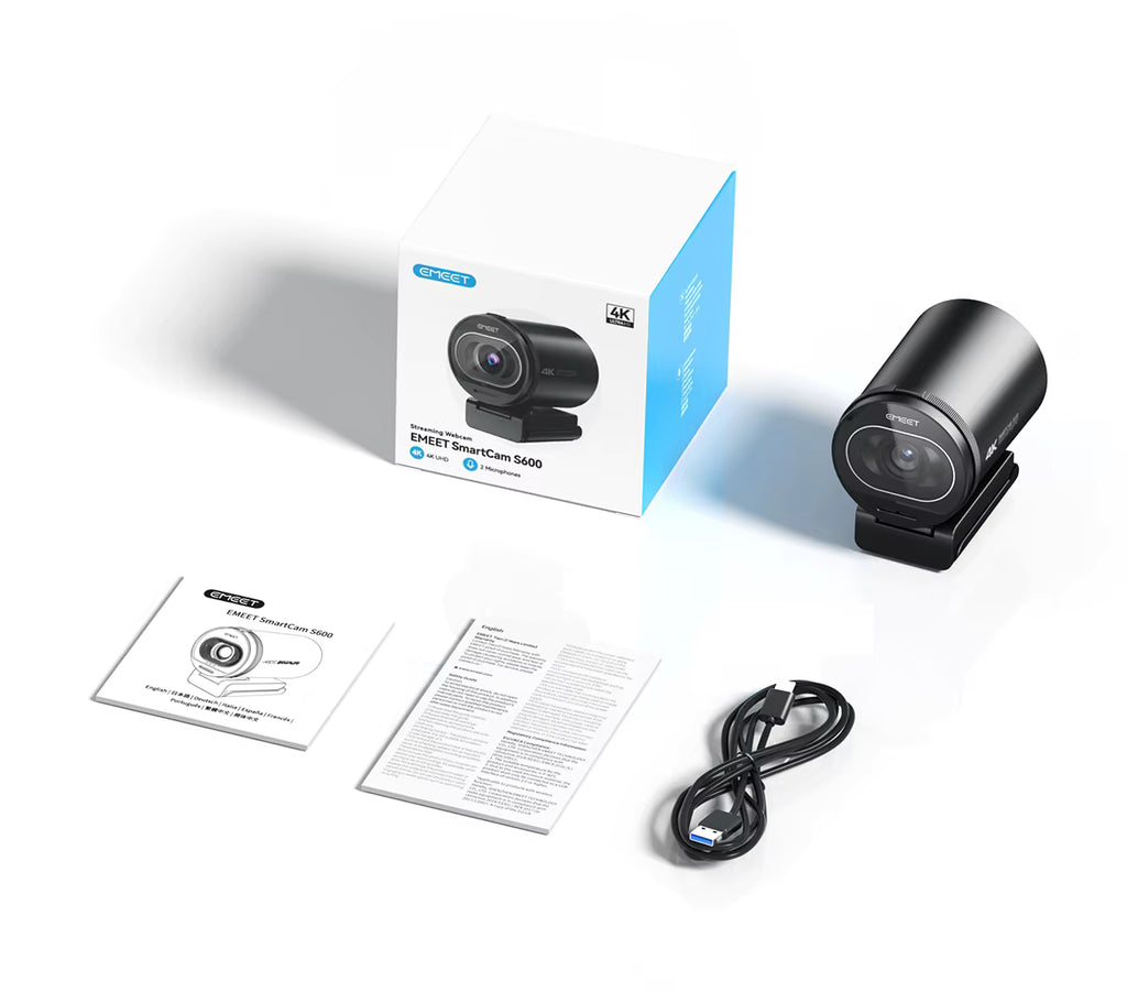 EMEET S600 4K web camera with original packaging box, USB cable, safety guide, and user manual | VARELO