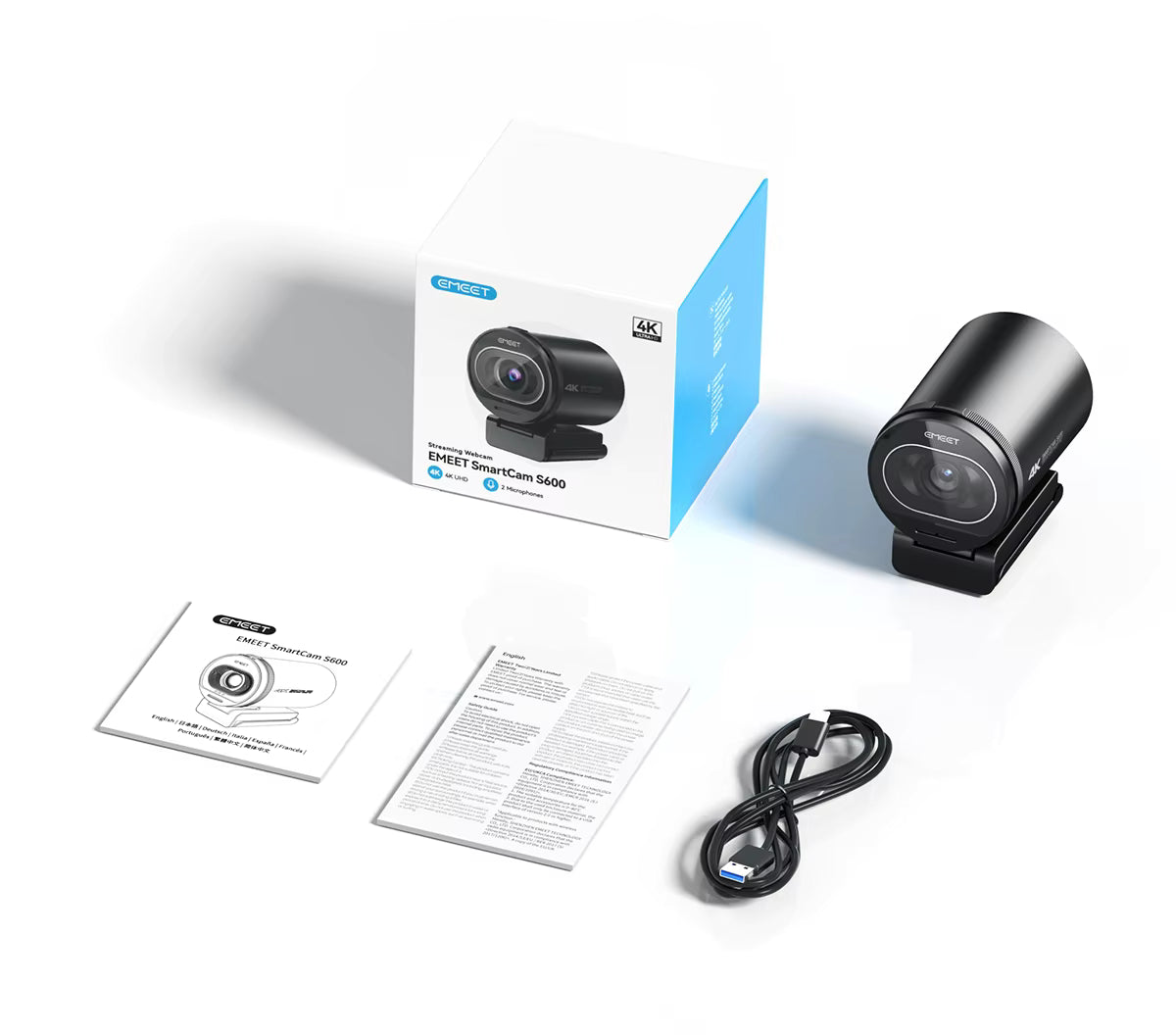 EMEET S600 4K web camera with original packaging box, USB cable, safety guide, and user manual | VARELO