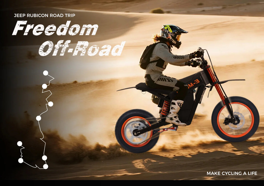 Person riding an electric mountain bike in the desert with text about Jeep Rubicon and freedom off-road.