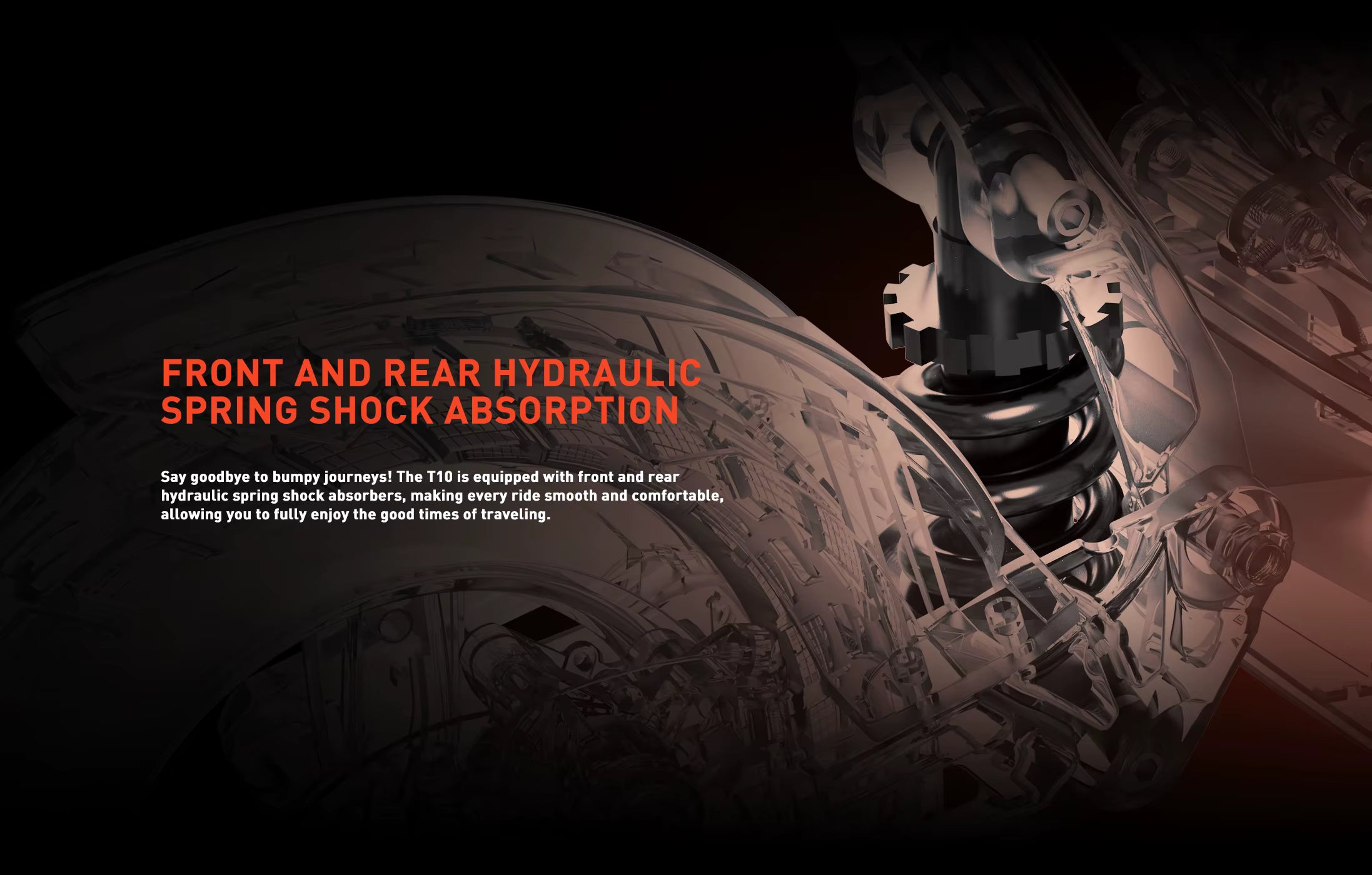 Close-up of a e-scooter suspension system with text about hydraulic spring shock absorption.