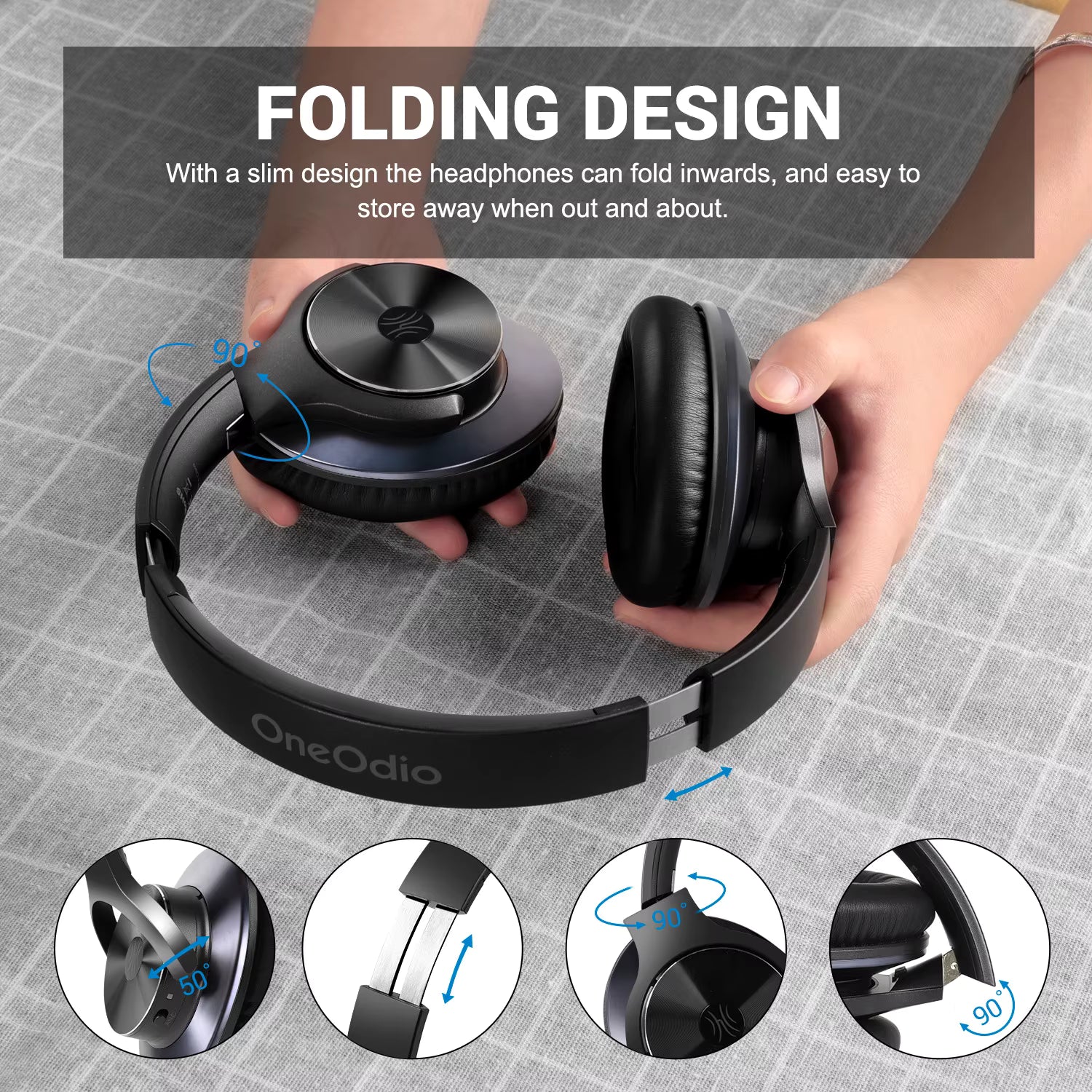 Foldable OneOdio A10 Hybrid ANC Over-Ear Bluetooth headphones being held by a person with text about the design on a gray grid background.