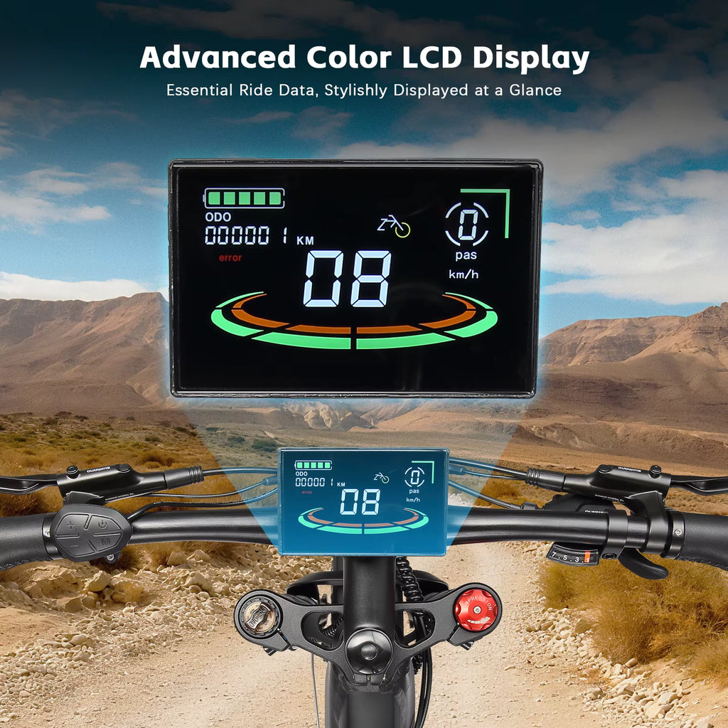 PURE UNICORN U7 Electric Bicycle dashboard with advanced color LCD display against a desert landscape