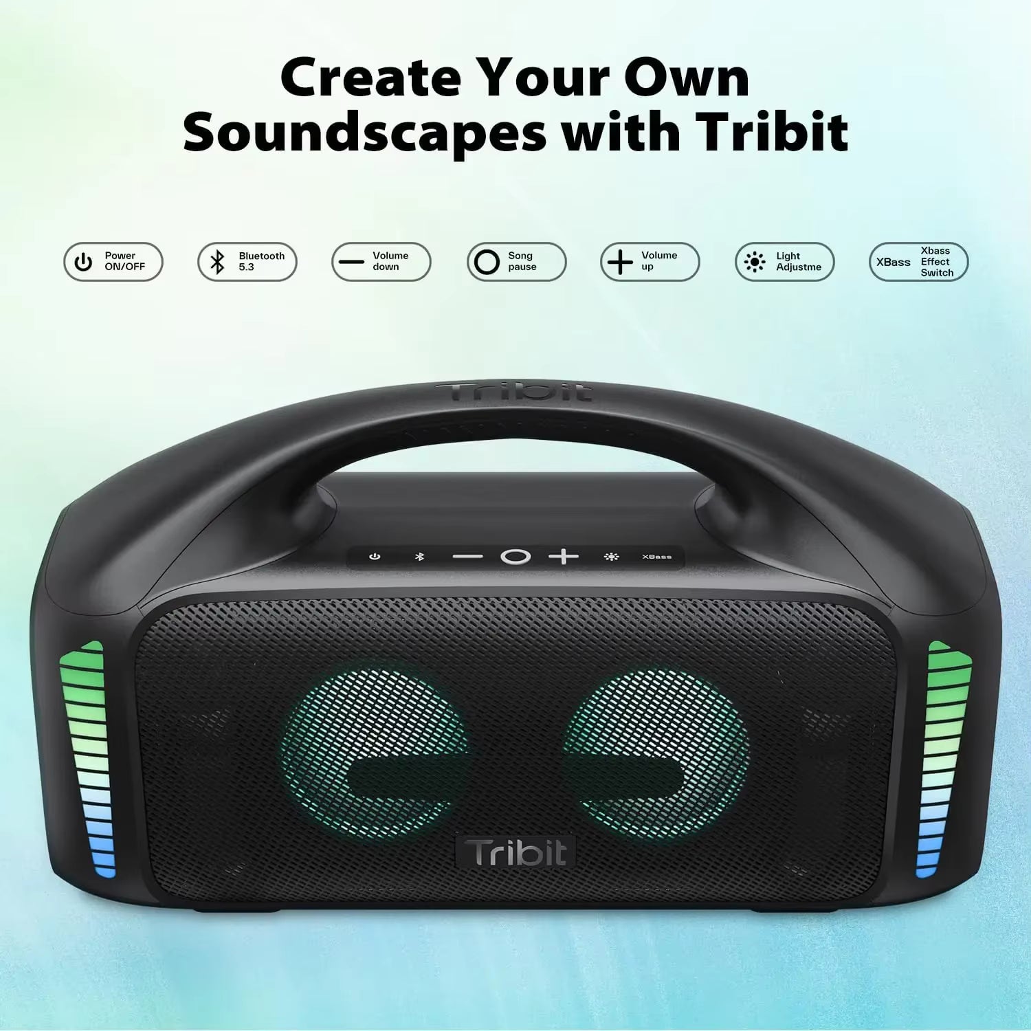 Black portable Tribit StormBox Blast  speaker with green LED lights on a light blue background, featuring Tribit branding.