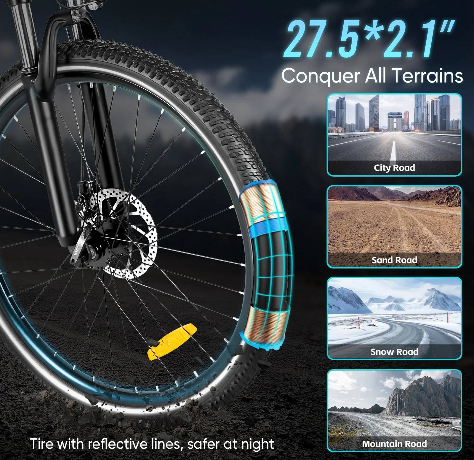 SAMEBIKE RS-A01 MEN Electric Bicycle tire with reflective lines on a dark background, showcasing versatility on different terrains.