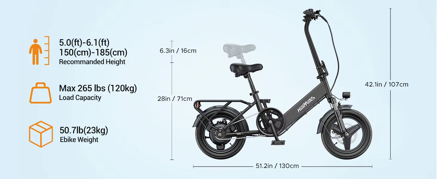 Dimensions of the HillMiles Mile 1 black electric bike with text labels on a light blue background
