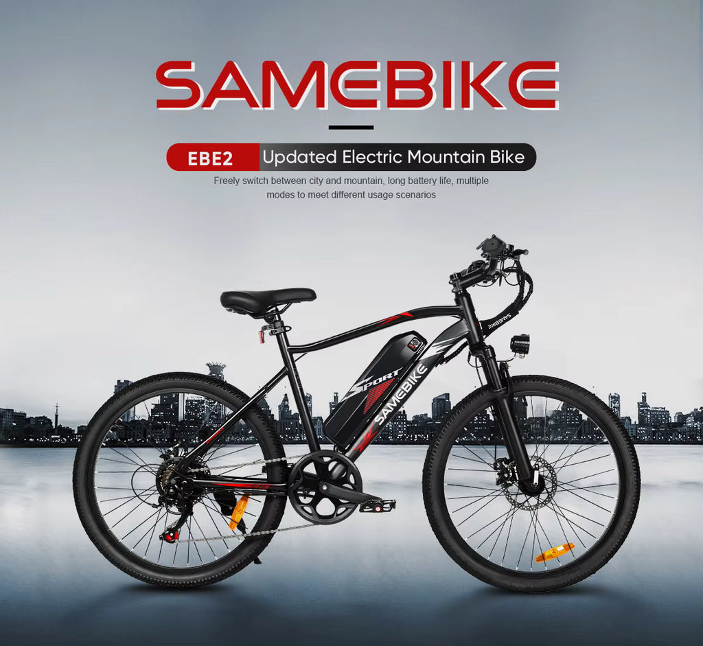 SAMEBIKE EBE2 E-Bike Electric mountain bike with 'Samebike' branding on a cityscape background