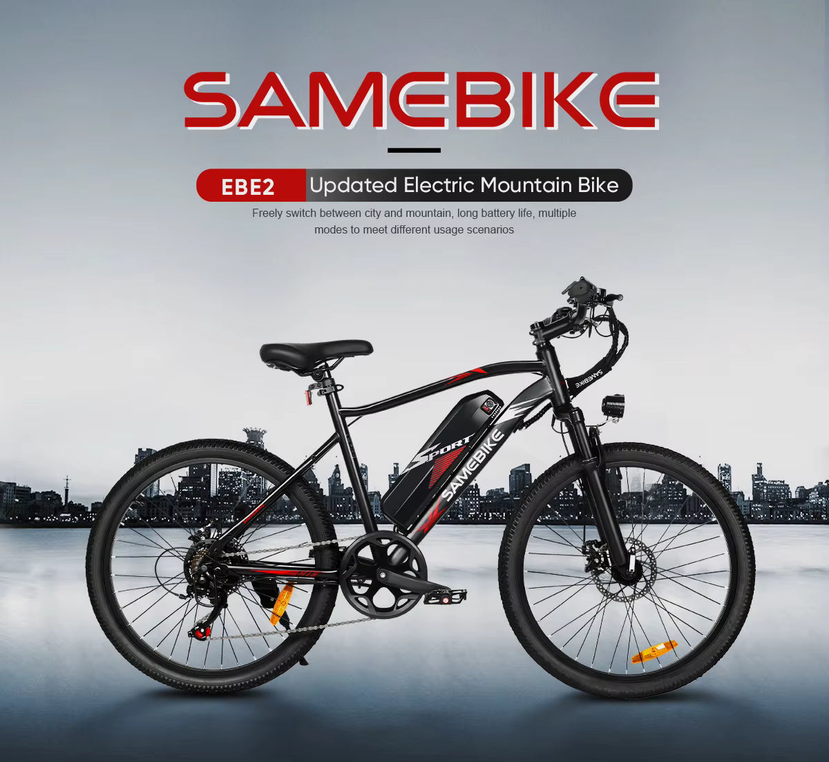 SAMEBIKE EBE2 E-Bike Electric mountain bike with 'Samebike' branding on a cityscape background