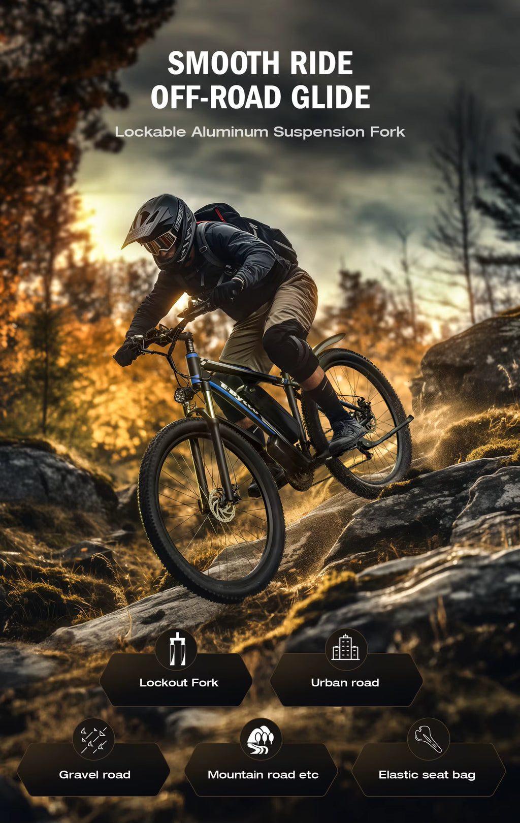 Person riding a mountain bike on rocky terrain with promotional text about lockable aluminum suspension fork.