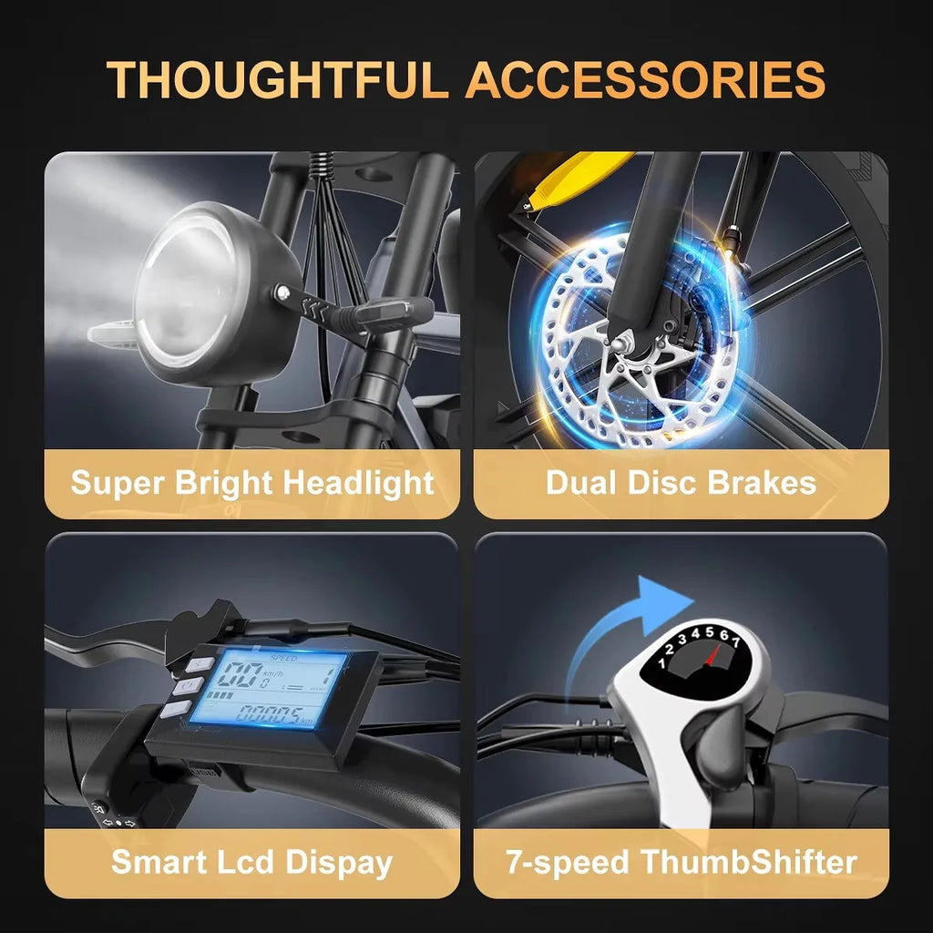 Electric Bicycle accessories including a super bright headlight, dual disc brakes, smart LCD display, and 7-speed thumbshifter on a dark background.