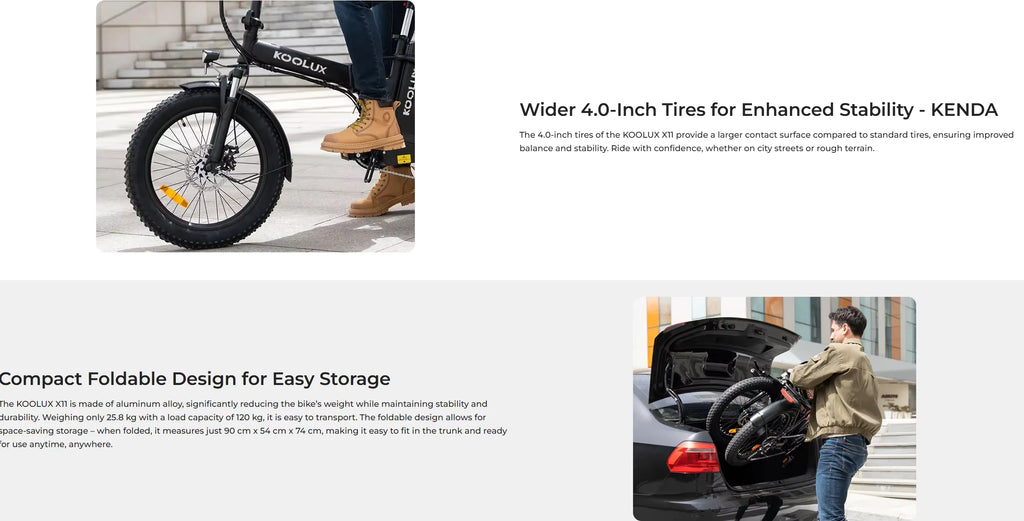 KOOLUX X11S Electric bike with Kenda tires and a person loading it into a car trunk.