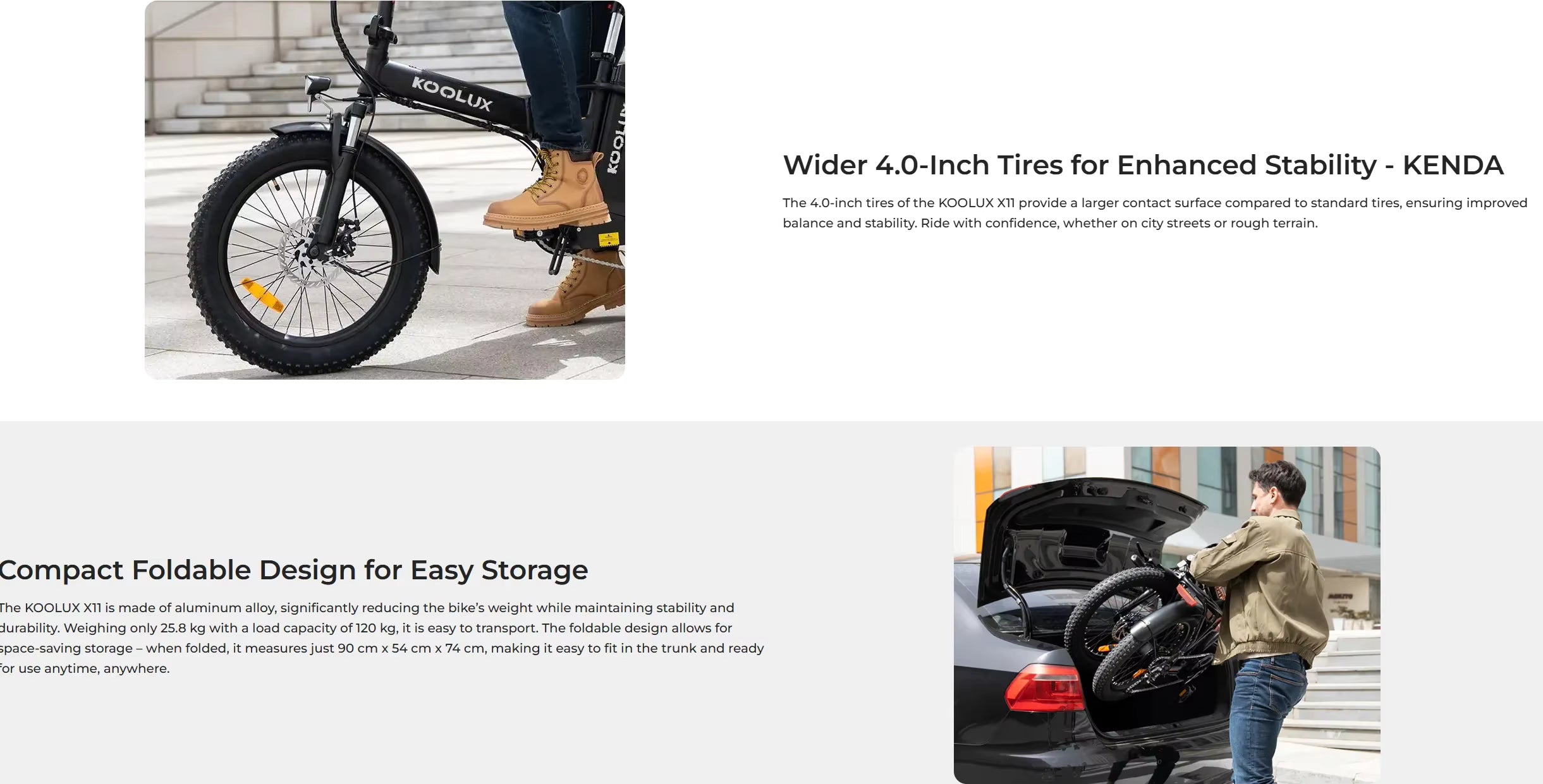 KOOLUX X11S Electric bike with Kenda tires and a person loading it into a car trunk.