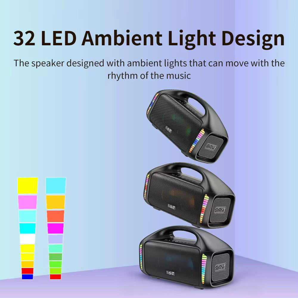 Three black portable Tribit StormBox Blast  Bluetooth speakers with colorful LED light strips, shown floating in a stylized corner studio scene with promotional text about 32 LED ambient light design.