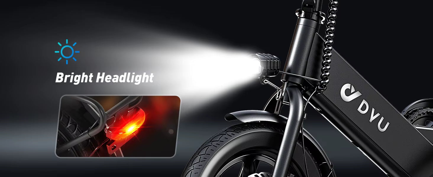 DVU electric bike with bright headlight and taillight on a dark background