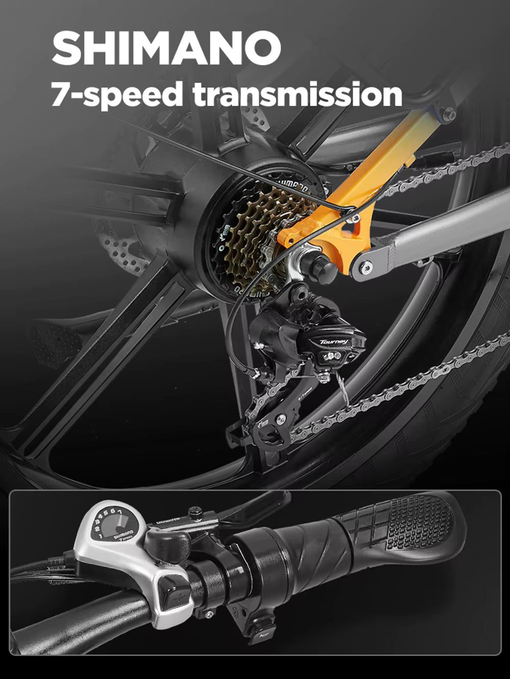 Close-up of RANDRIDE YX80 Shimano 7-speed transmission system on a bicycle with detailed view of gear mechanism.