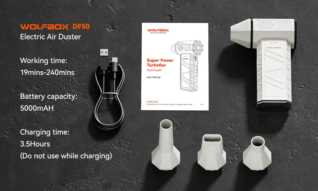 WOLFBOX DF50 product breakdown displaying duster unit, charging cable, user manual, and 3 nozzles on black background