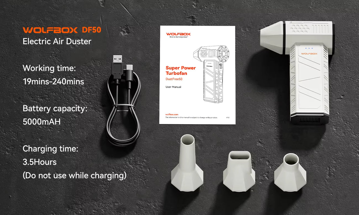 WOLFBOX DF50 product breakdown displaying duster unit, charging cable, user manual, and 3 nozzles on black background