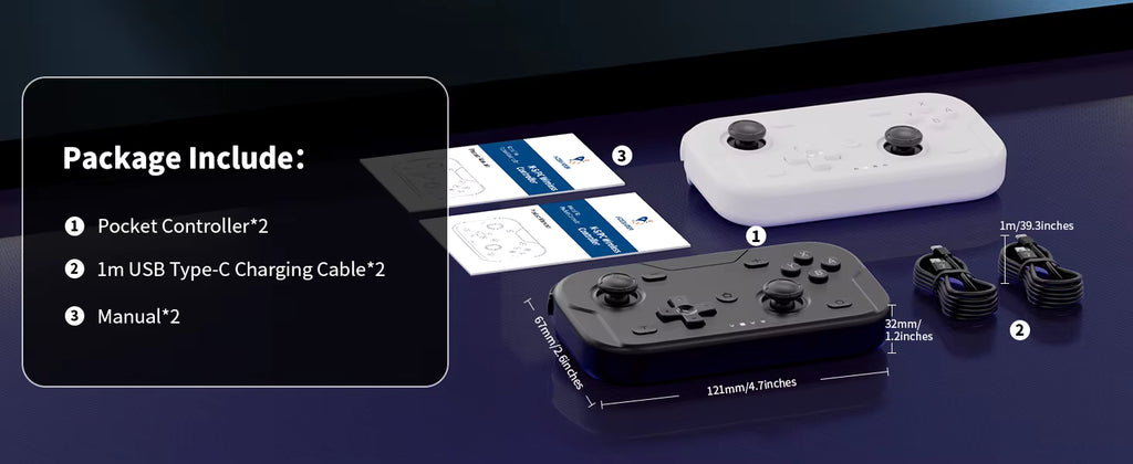 ACEGAMER Pocket Controller package contents displayed on a dark surface showing two controllers (black and white), two 1 m USB‑C charging cables, and two manuals. Text box lists items included: Pocket Controller × 2, 1 m USB Type‑C Cable × 2, Manual × 2, with visible product dimensions 121 mm × 67 mm × 32 mm.