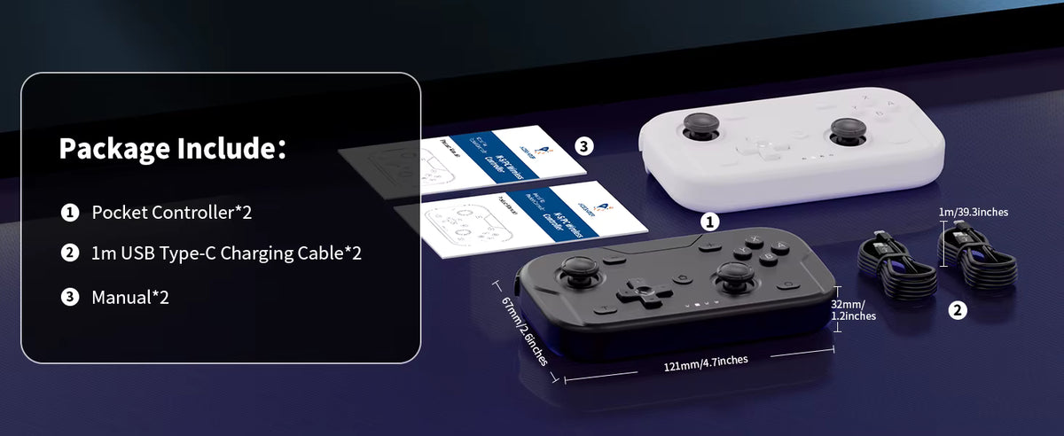 ACEGAMER Pocket Controller package contents displayed on a dark surface showing two controllers (black and white), two 1 m USB‑C charging cables, and two manuals. Text box lists items included: Pocket Controller × 2, 1 m USB Type‑C Cable × 2, Manual × 2, with visible product dimensions 121 mm × 67 mm × 32 mm.