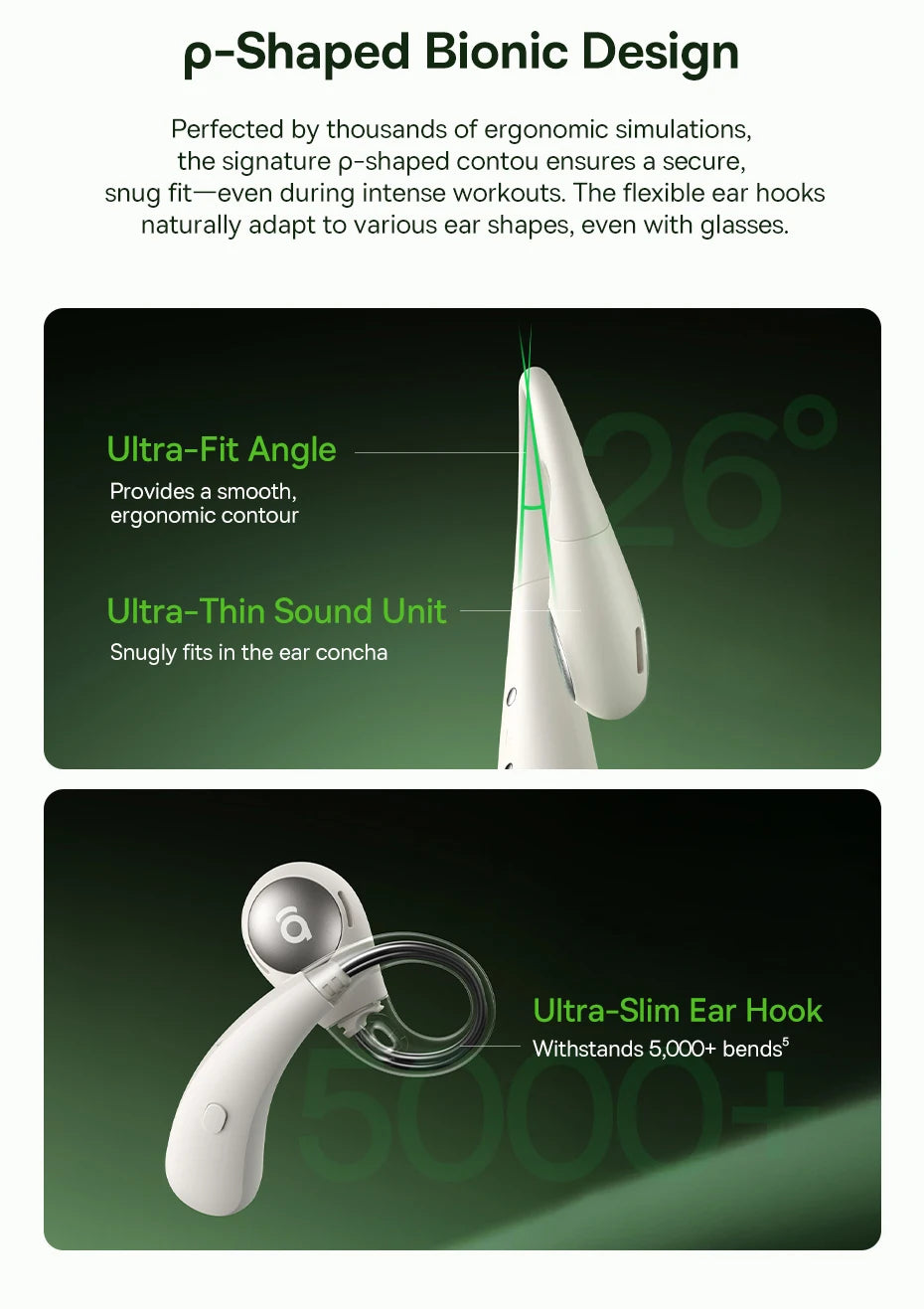 Bionic earbud design with text on a green background