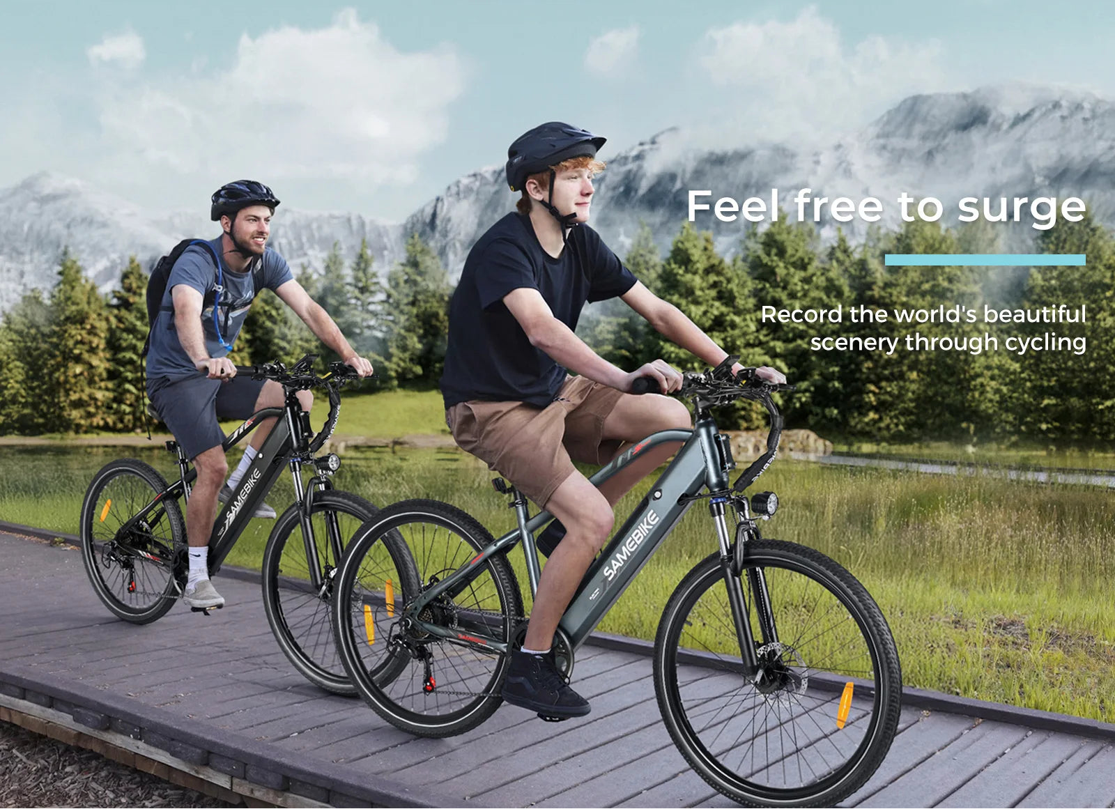 Two people riding electric SAMEBIKE RS-A01 MEN  bikes on a wooden path with mountains in the background